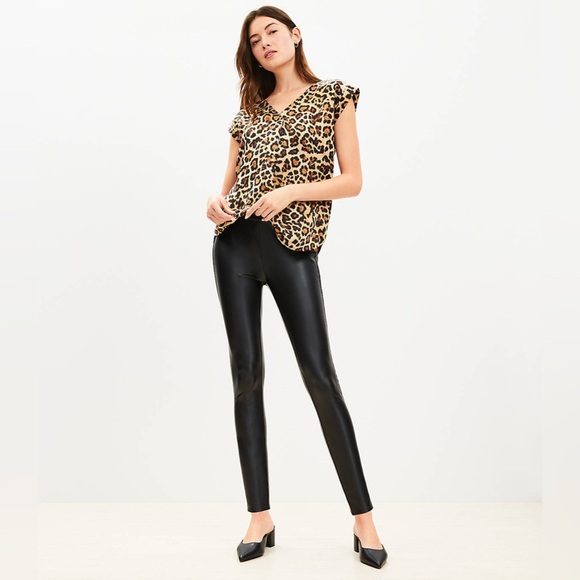 LOFT Women's Vegan Leather Leggings Black Size L Elastic Waist Casual Date Night - Picture 1 of 11